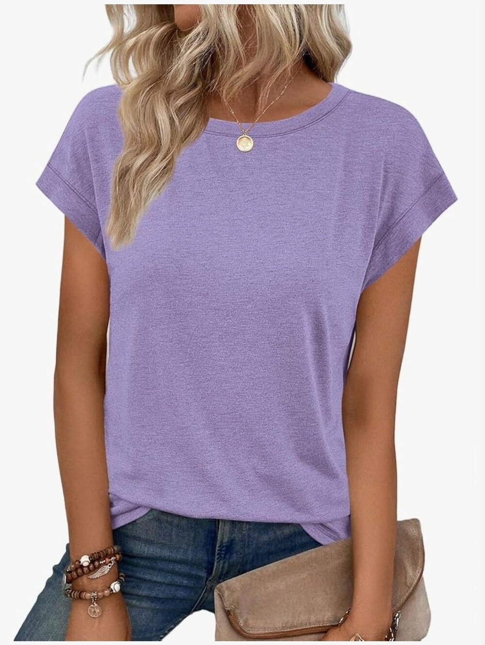Casual Crewneck Women’s Relaxed Cap Sleeve Top in Lavender